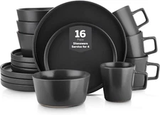 Coupe 16-Piece Stoneware Dish Set, Celina Service for 4, Black Plates and Bowls
