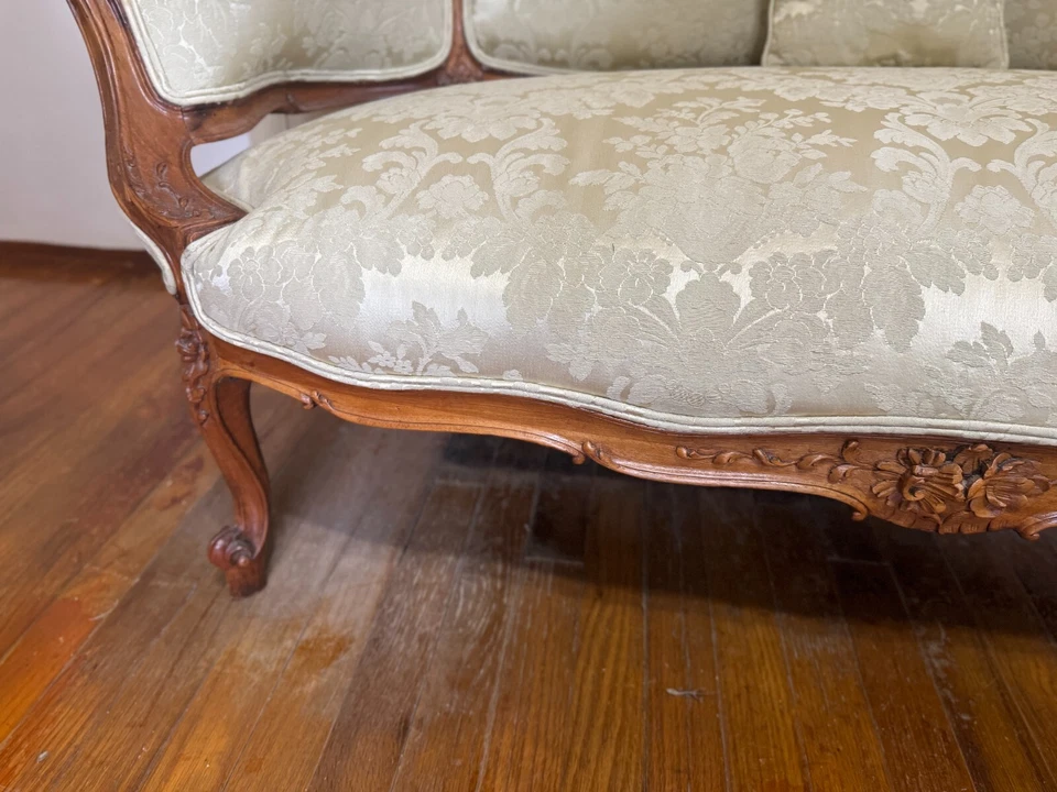 Antiguo sofá francés señora y dos sillas laterales patrón pastel brocado ca 1860 Foto 3 de 4