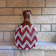 Red and White Beaded Gourd Shekere Instrument, Large Shekere for big hands