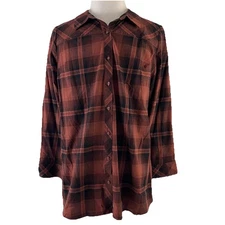 Denim & Co Cinnamon Plaid Long Sleeve Button Front Collared Shirt New 1X 9536