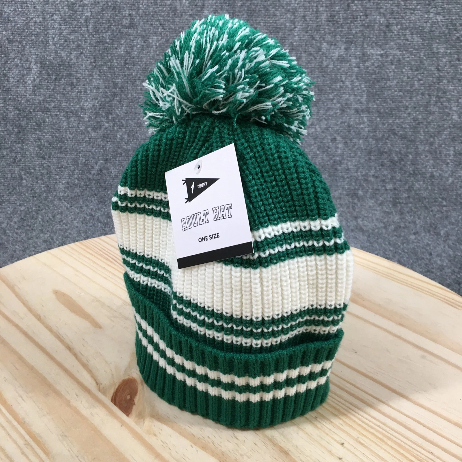 GERTEX Beanie Pom Pom Winter Hat Mens One Size Green White Striped Knitted NEW