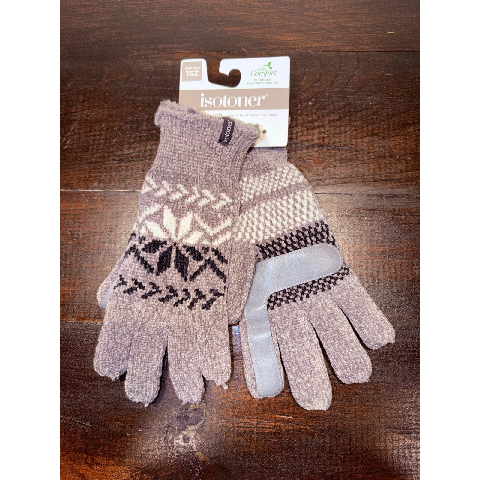 Isotoner smarTouch Ash Grey Fair Isle Snowflake Chenille Knit Gloves New 1SZ