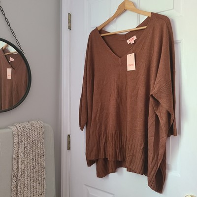 Evri Knit Top Womens 1X Plus Brown Comfy Casual Slouch V-Neck Dolman 3/4 Sleeve 