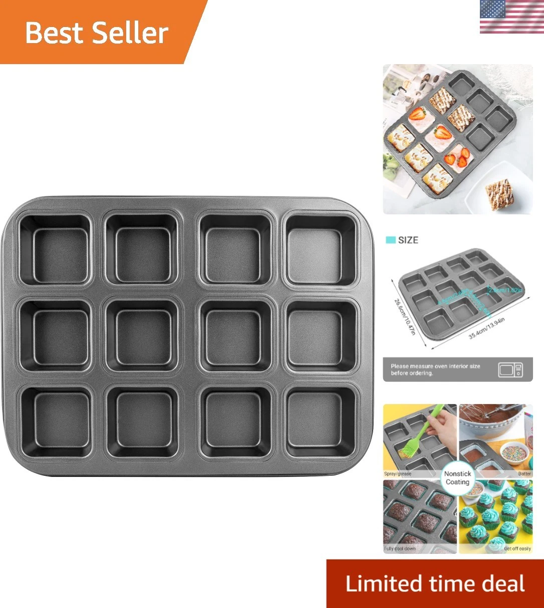 Brownie Pan with Dividers 12 Cavity Nonstick Square Cupcake Mini Cake Mold