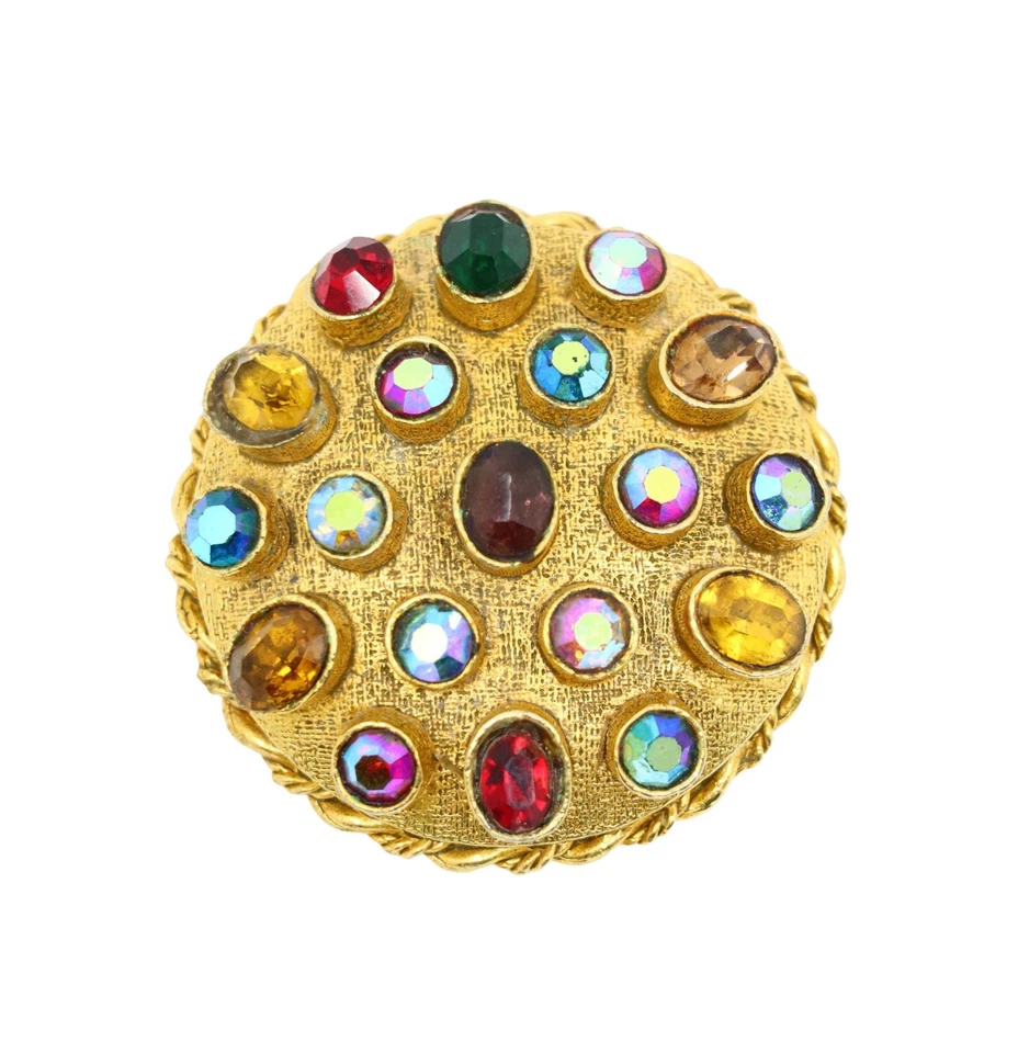 Vintage ART Gold Tone Rhinestone Large Round Brooch
