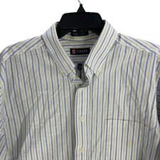 Chaps Dress Shirt Men Size 17 Blue Yellow White Striped Long Sleeve Wrinkle Free