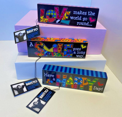 Set of 3 Romero Britto Decorative Wooden Art Blocks Pop Art New w/ Tags