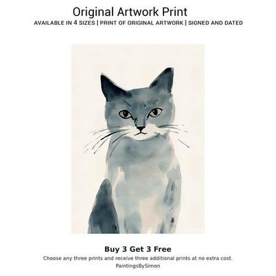 Graue Katze Portrait | Druck auf mattem Papier | Minimal Katze Wandbild