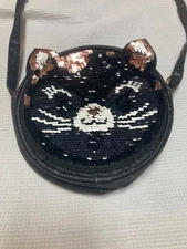 Sequin Black/Pink & White Kitty Crossover Kids Bag Purse for Girls. Apx 6"X6" 