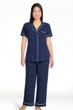 Joyspun Women's Cotton Blend Notch Collar Pajama Set 2-Piece Sz SMALL NAVY STARS