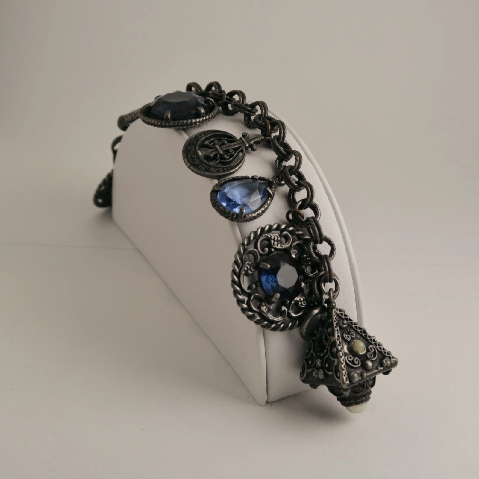 Etruscan Revival Heavy Charm Silver Blue Accent Vintage Bracelet Jewelry Br172