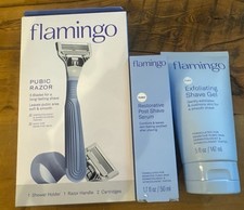 Flamingo Pubic Razor 1 Handle  2 Cartridges Post Shave Serum  Shave Gel 5oz