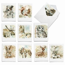 10 All Occasion Blank Note Cards with Envelopes - WATERCOLOR WILDLIFE M6629OCB