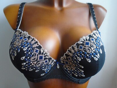 Aubade Joyau Eternel Bra 34E Padded Push Up Black Blue & Gold FR 90E EU 75E BNWT