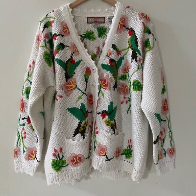Vintage 90s Hand Knit Cardigan Sweater Womens Sz 2X Birds Cottagecore Fairy NEW!