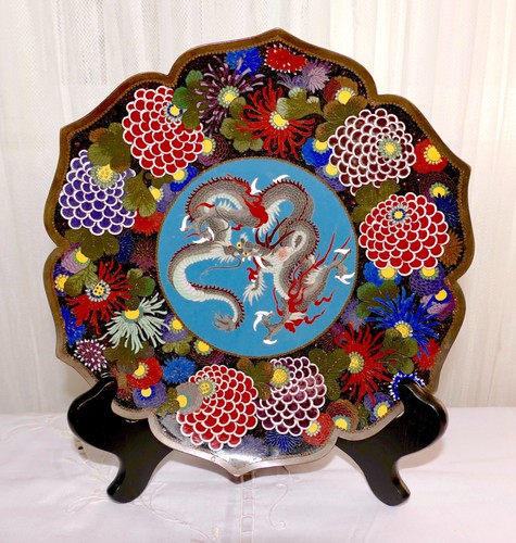 Meiji Japanese Cloisonne Goldstone Enamel Dragon Chrysanthemums Scalloped Plate - Picture 5 of 21