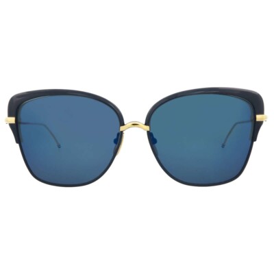 Thom Browne TB201 CNVYGLD60 Navy Shiny Gold Blue Lenses 60-15 Cat Eye Sunglasses