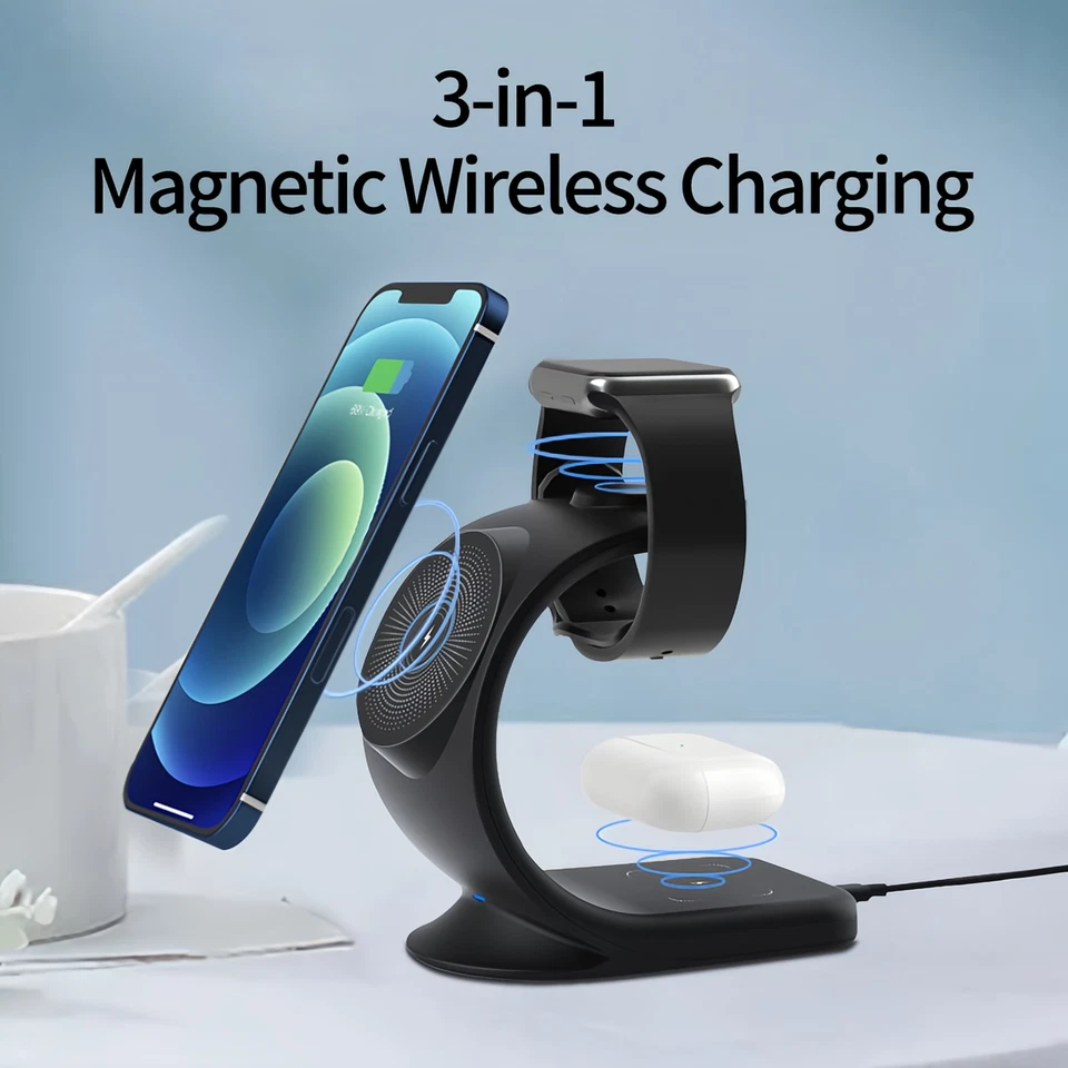 Drahtlose Magnetische Ladestation für iPhone, Apple Watch & Air Pods - Schwarz - Bild 2 von 4