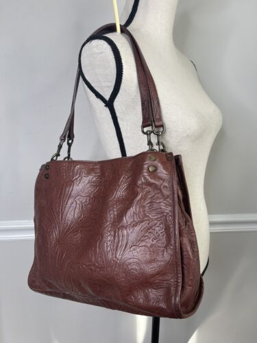 American Leather Co Lenox Triple Entry Tote Purse Burgundy Brown Tooled Floral - Picture 1 of 11