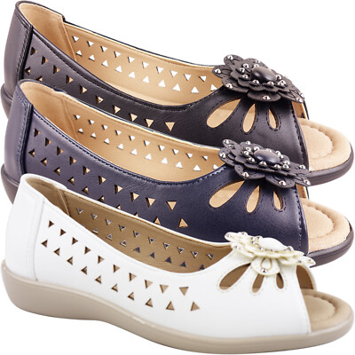 WIDE E-FITTING WOMENS FLAT CASUAL PEEP TOE SUMMER SHOES SANDALS COMFORT  CUSHION UK