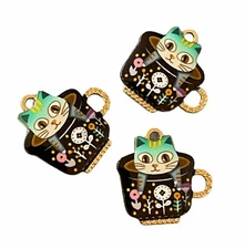 4 Enamel Kitty Cat in a Coffee Tea Cup Gold Bead Drop 23mm Charms Pendants