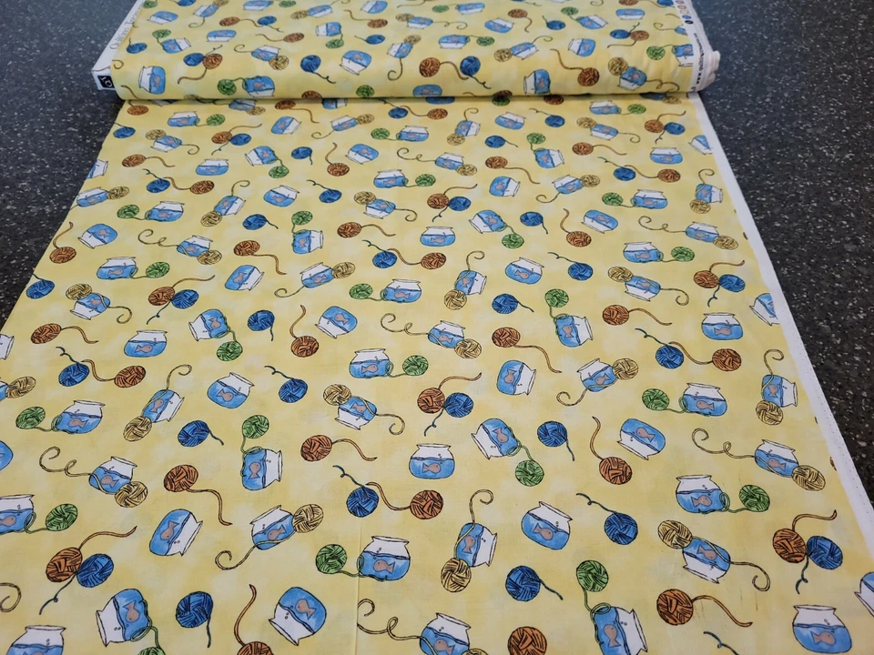 A Cat's Life BTY Tara Reed Quilting Treasure Yarn Fish Bowl Kitty Lemon Yellow - Image 3 of 3