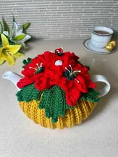 Red Lily Flower Brown Knitted Tea Pot Cozy Tea Pot Warmer Sleeve - FREE SHIPPING