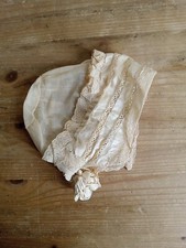 Excellent Antique Victorian 1800s Lace And Silk Ribbon Baby Bonnet Doll Sized