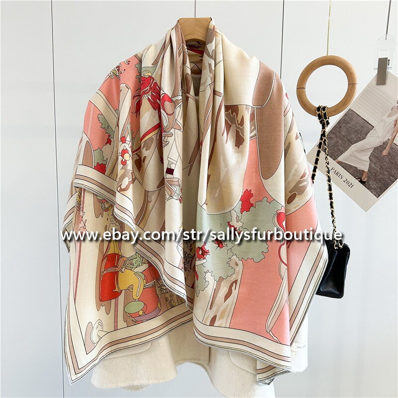 Sallys 70% Cashmere 30% Silk Stole Horse Plane Print Double Face