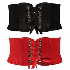 Women Wide Stretch Belt Elastic Strap Tassels Button Corset Dress Waistband