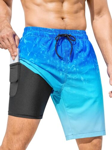 Men's 9" Quick-Dry Swim Shorts with Compression Liner & Zipper Pockets