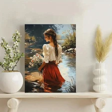Elegant Lady By Lake Framed Canvas Stretched Ready to Hang 50x40 Home decor Gift