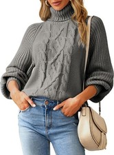 Image of Womens Knitted Jumper Turtleneck Sweaters Lantern Sleeve Puffed Chunky Loose Ove