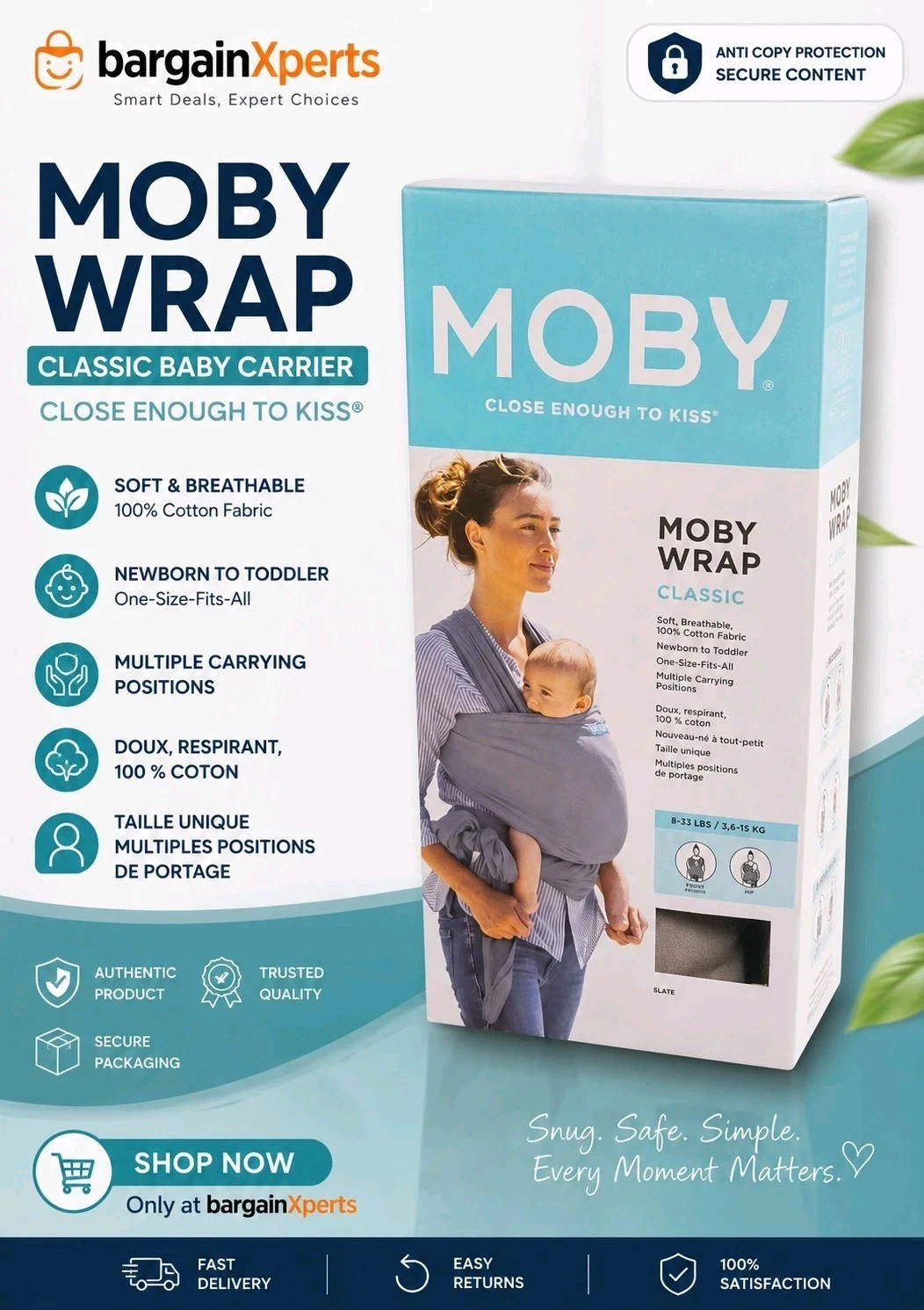 MOBY - MOBY WRAP CLASSIC Baby Carrier - SLATE - Newborn To Toddler - ONE SIZE ✅️
