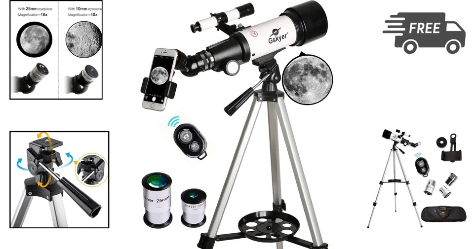 Telescope 70mm Aperture 400mm AZ Mount Refracting Telescope for Kids Beginners - Image 2 of 4