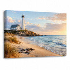 Lighthouse Beach Canvas Wall Art, Coastal Ocean Sunset Print, Nautical Seascape