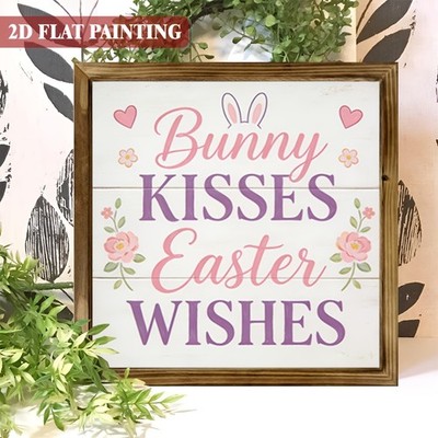 Whimsical Bunny Kisses Easter Wishes Wooden Plaque Rustic Farmhouse Art Decor