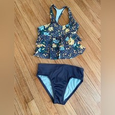 Wonder Nation Girls Size 6 Navy Floral Two Piece Swim Set Blue Summer Yellow