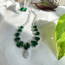 Bollywood CZ Teardrop Choker Necklace Emerald Green Bridal Party Indian Jewelry