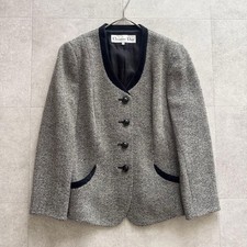 USED CHRISTIAN DIOR COLLARLESS JACKET, GRAY, SIZE 13, WITH VELVET TRIM AND BLA