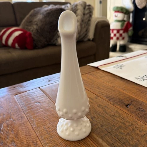 Vintage Fenton Milk Glass Hobnail Footed Stretch Swung Bud Vase 7.5”