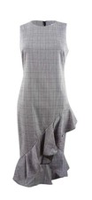Calvin Klien Womens Black&White Plaid Sleeveless Sheath Dress Ruffle Hemline 14