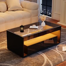Coffee Table with App Controlled LED, Glass Top & 2 Drawers, Black, 100x50x40cm