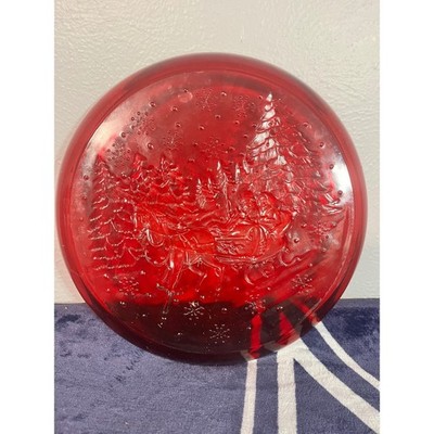 Vintage Ruby Red Glass Christmas Platter Embossed Sleigh Scene 13 Inch Round
