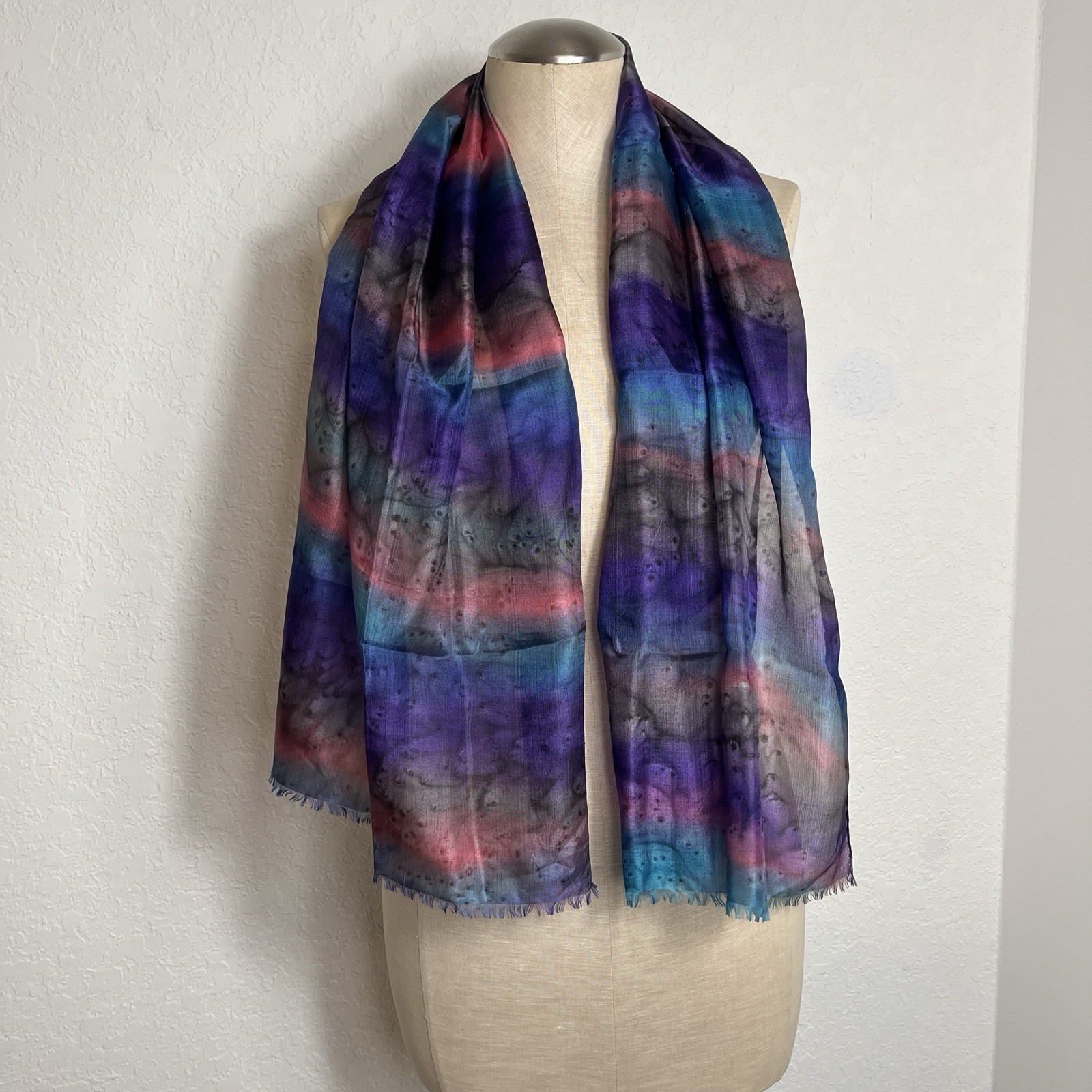Multicolor Watercolor Rectangular Scarf with frin… - image 1