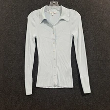 Reiss Ribbed Top Women's Small Baby Blue Button Through Front Collared