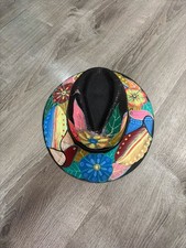 Hand-Painted Straw Fedora Hat with Colorful Bird and Floral Design