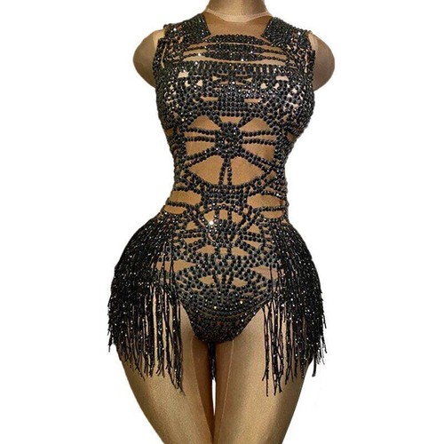 Black Tassel Rhinestones Bodysuit Women Sleeveless Skinny Dance Rave Outfit - Picture 14 of 14
