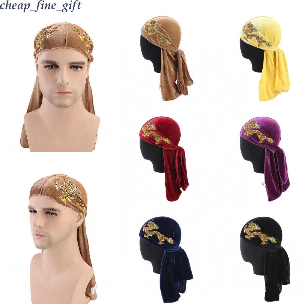 Men Velvet Chinese Dragon Turban Durag Hair Loss Hat Headwear