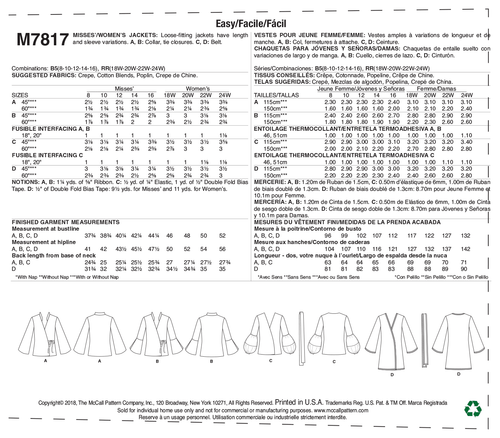McCalls Sewing Pattern M7817 Misses Khaliah Ali Jacket & Tie Belt Size 18W - 24W - Bild 3 von 4